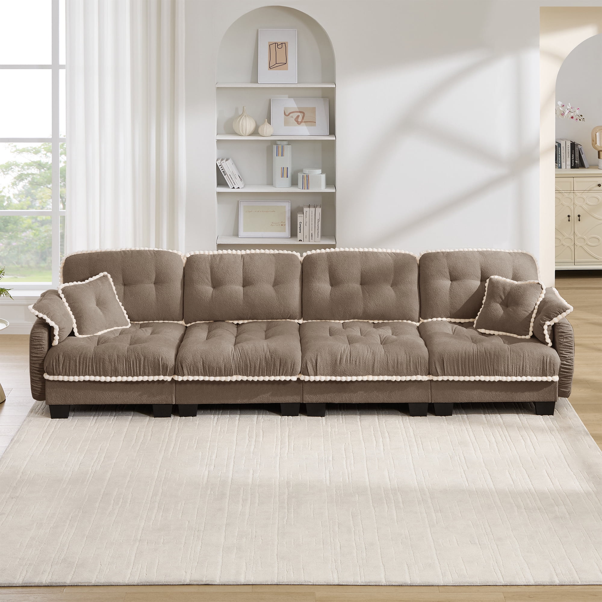 Anpport 131" Chenille Cloud 4‑Seater Sofa with 4 Pillows, Pom‑Pom Trim, Quilted Tufted Ergonomic, Easy Assembly Deep Seat for Living Room Apartment, Brown