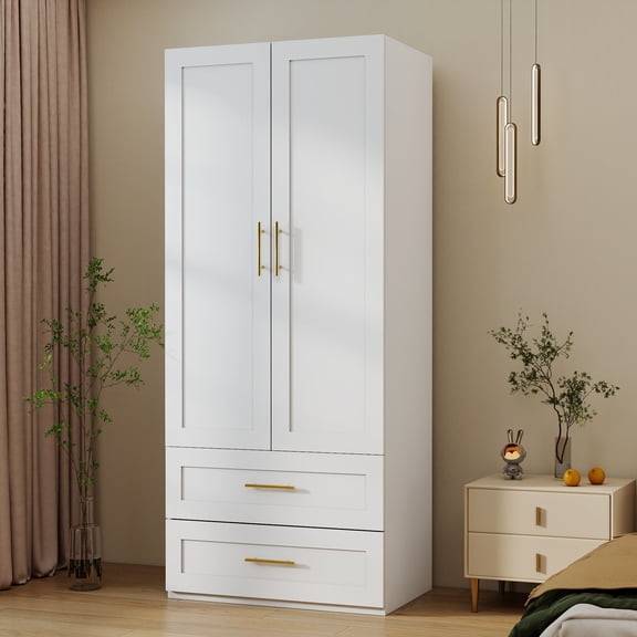 74.8" Armoire Wardrobe Closet with 2 Doors and 2 Drawers, Wooden Wardrobe Cabinet with Hanging Rod, Freestanding Clothing Storage Cabinet for Bedroom