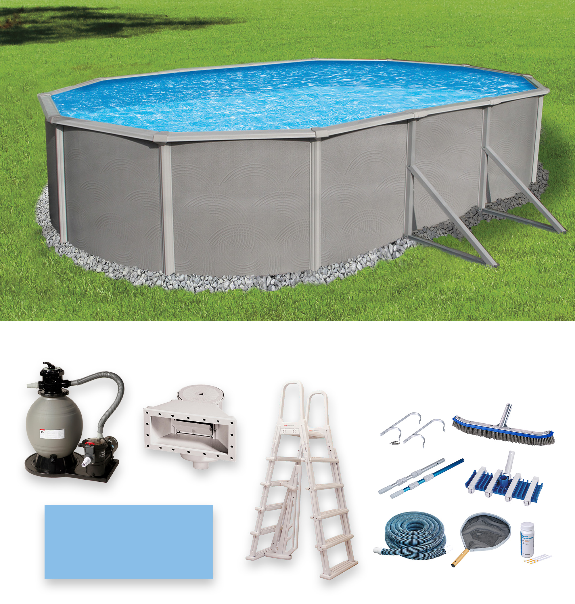 Belize 18-ft x 33-ft Oval 52-in Deep 6-in Top Rail Metal Wall Swimming Pool Package