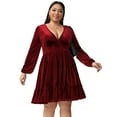 thumbnail image 1 of Laklulu - Vestido corto de fiesta de cóctel con corte en A de terciopelo, ajustado y acampanado, con escote en V cruzado y mangas largas para mujer, color burdeos, 1X, 1 of 5
