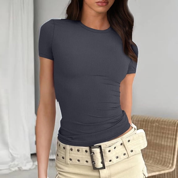 Blmnix Womens Tops 2024 Short Sleeve Crew Neck Basic Ribbed Solid T-Shirts Shirts Trendy