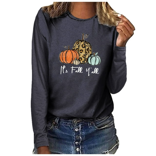 Babysbule Hauts d'Automne pour Femmes C'est l'Automne Col Rond Imprimé Pull Manches Longues Blouse