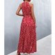 thumbnail image 4 of Vestido largo con cuello halter, sin mangas, estampado transpirable, vestido largo de verano para mujer, rojo, XL, 4 of 6