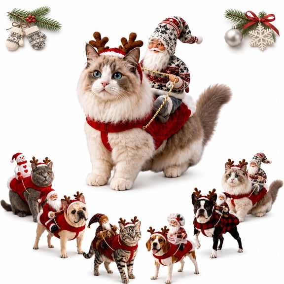 Santa Rider Pet Christmas Costume, Adjustable Pet Christmas Outfit, 3D Santa Rider Design Pet Outfit with Adjustable Velcro, Comfortable Acrylic Fiber Pet Cosplay Costume for Christmas Party