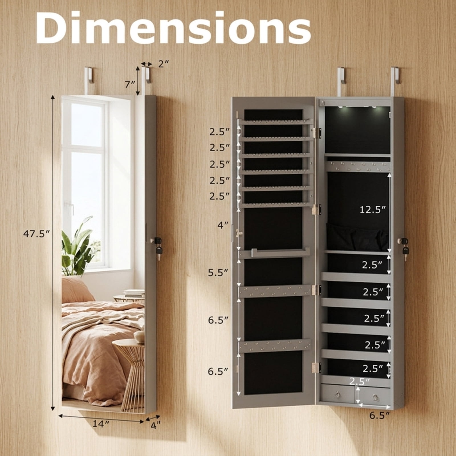 Furnibear Wall and Door Mounted Mirrored Jewelry Cabinet with Lights for Bedroom Dressing Room Jewelry Necklace Rings Storage Mirror, Gray