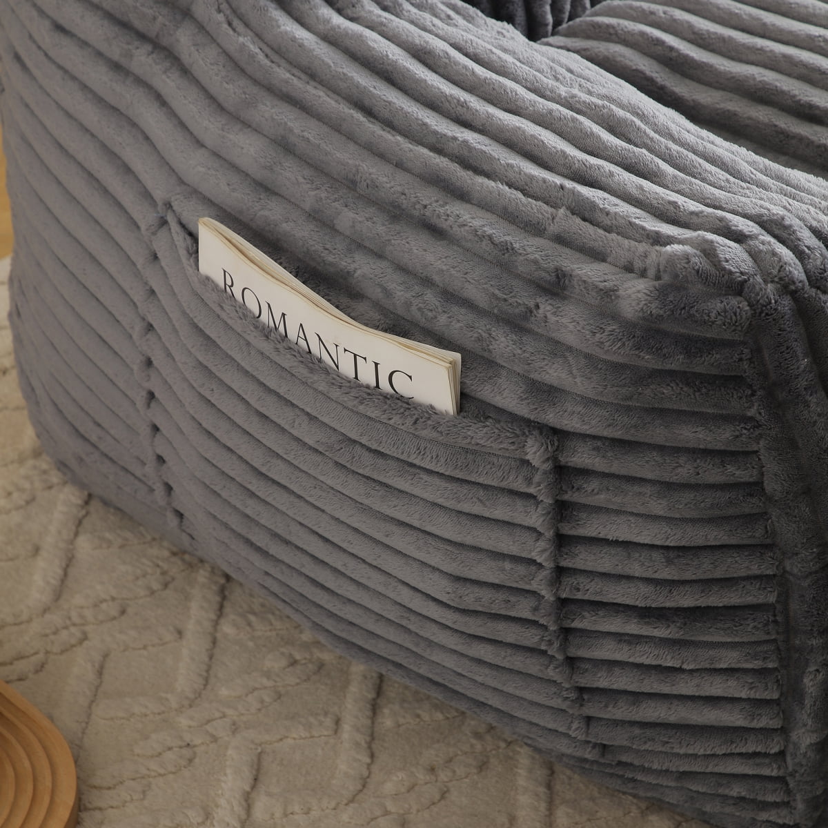 Giant Plush Bean Bag Chair for Adults with Armrests and Footstool -- Comfy Grey Beanbag Chaise Lounge Lazy Floor Sofa Chair for Living Room, Bedroom & Dorm, Cozy Fluffy Cloud Mini Couch BN.8636