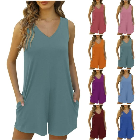 QATAINLAV Women's Summer V Neck Tank Top Romper Sleeveless Loose Casual Short Jumpsuits Solid Color One Piece Overalls with Pockets 2025 Clothes Blue XXL Todays Sales
