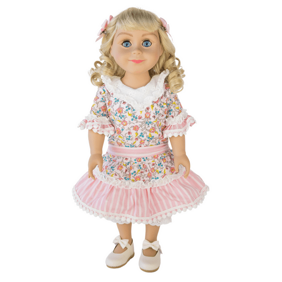 The Queen's Treasures 18 inch Doll Clothes, Little House on The Prairie Pink Floral Dress with Pair of Hair Bows, and Pantaloons, Compatible For Use with American Girl Dolls