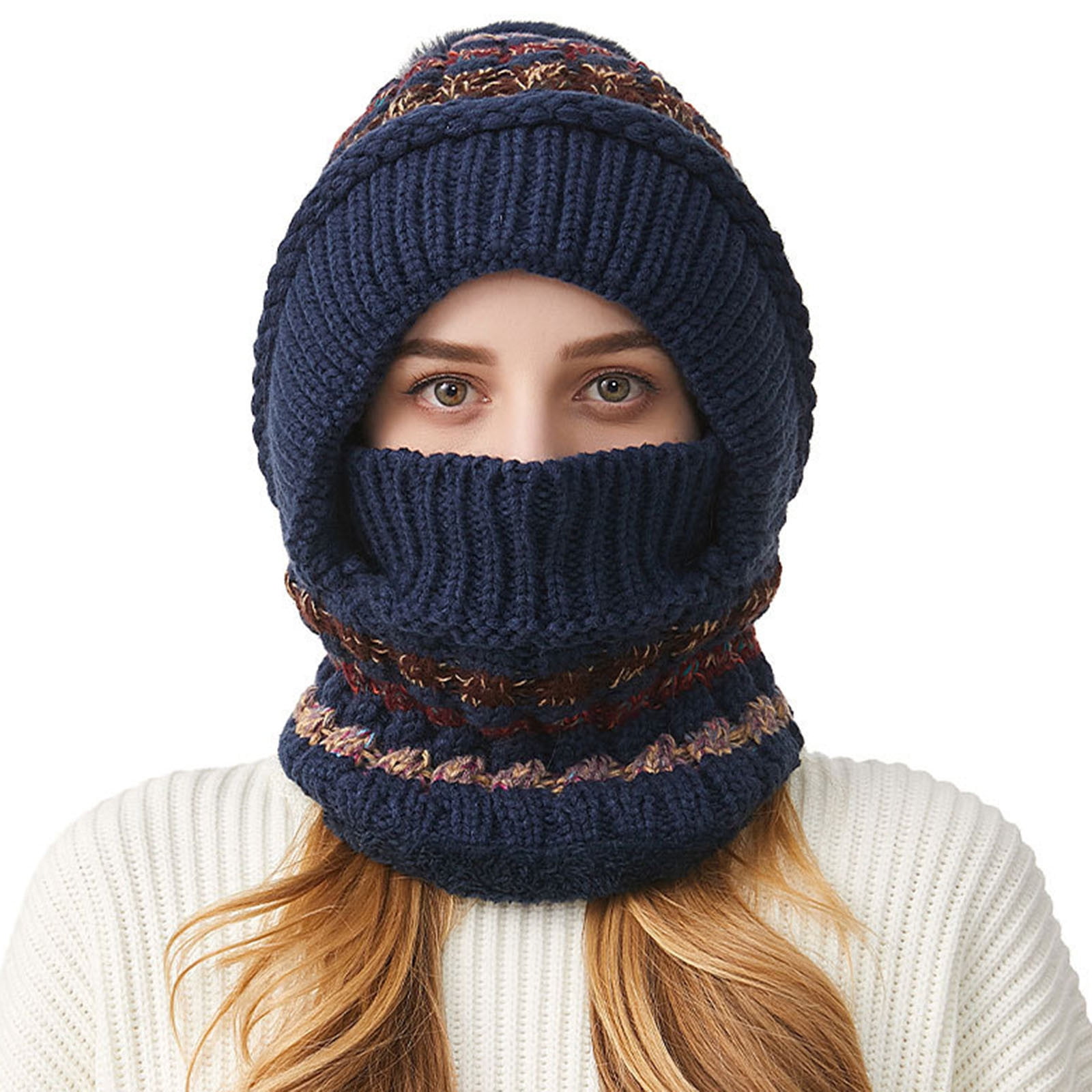Cadancy Women Winter Hats 3 In 1 Beanie Hat with Scarf and Mask Chunky Knitted Color Block Snow Caps Pompom Cute Warm Stocking Cap Windproof Cozy Cold Weather Balaclava
