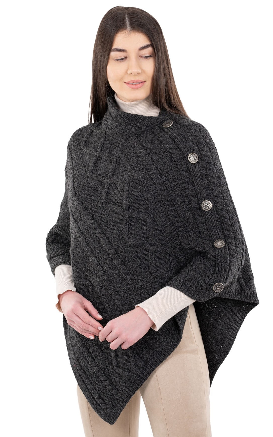 SAOL Aran Cable Knit Cowl Neck Poncho 100% Soft Merino Wool Women's Irish  Cape with Side Buttons from Ireland