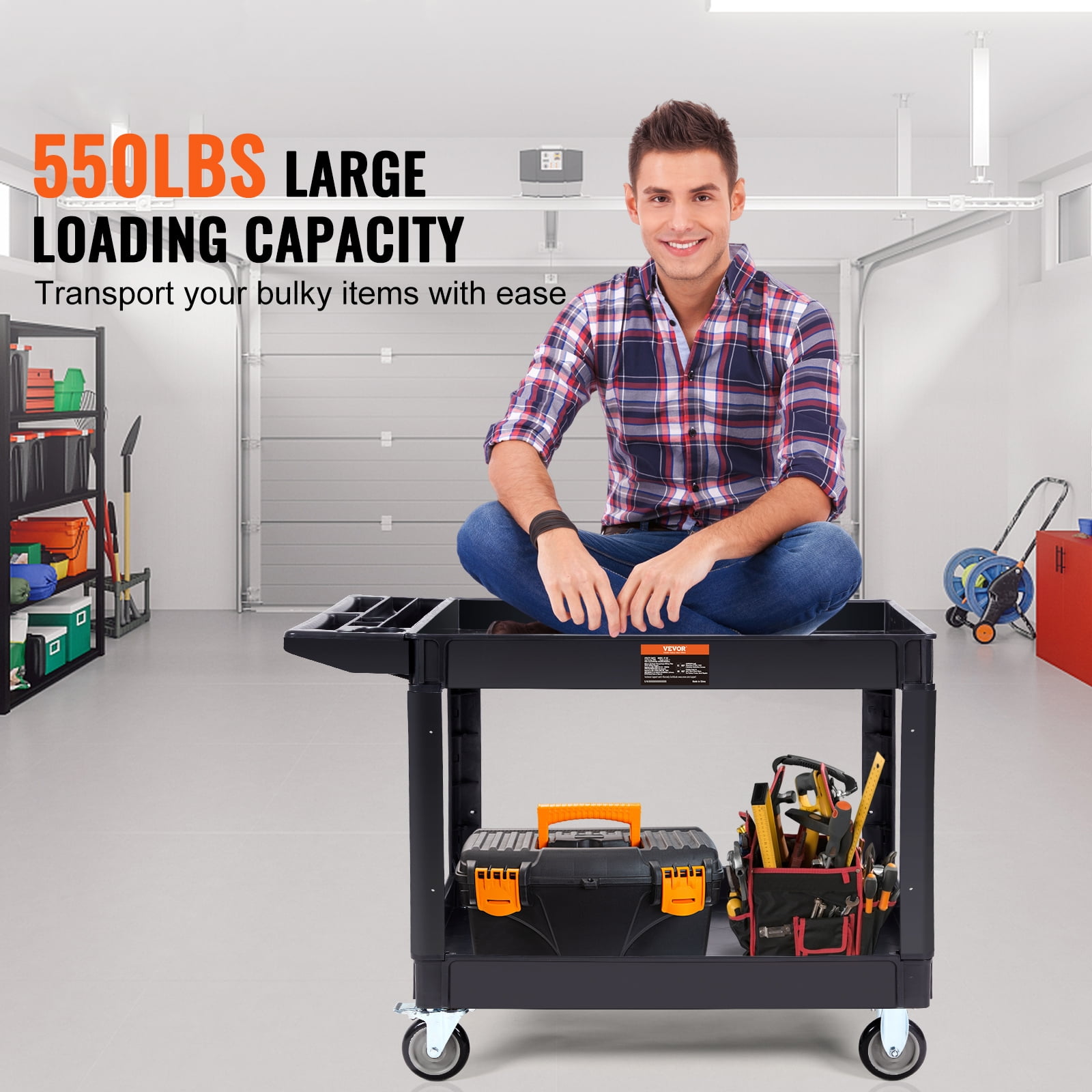 VEVOR Plastic Service Utility Cart, Support up to 550lbs Capacity, Heavy Duty Tub Storage Cart W/Deep Shelves, Multipurpose Rolling Extra Large 2-Tier Mobile Storage Organizer, for Warehouse Garage
