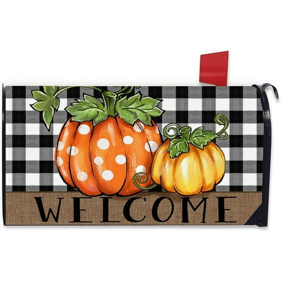 Welcome Fall Pumpkin Mailbox Cover Magnetic Standard Size 21" x 19", Autumn Buffalo Plaid Check Polka Dot Decorative Post Letter Box Decor, Thanksgiving Farmhouse Garden Yard Outdoor Decoration
