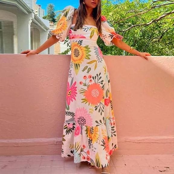 Orange-Red Bohemian Floral Print Maxi Dress, Womens Off Shoulder Puff Sleeve Tiered Dress