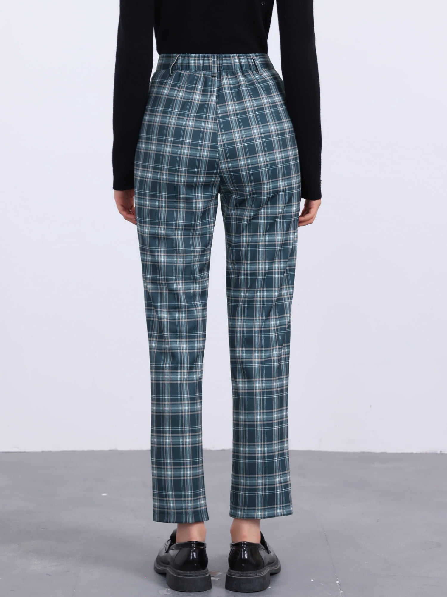 DARING DIVA Women's Plaid Pants High Waisted Tartan Checkered Cropped Pants S Navy Blue
