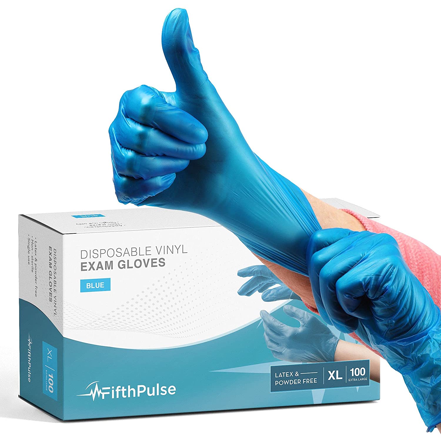 Fifth Pulse Vinyl Gloves, Multifunction Medical Grade Exam, Kitchen Gloves, All-Purpose Industrial Disposable Gloves Latex Free, Powder Free - Blue - Box of 100 Gloves (XL)