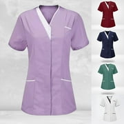 Kaesi Summer Women T-shirt V Neck Pockets Short Sleeve Buttons Working Uniform for Nursing