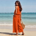 thumbnail image 5 of 2 Piece Sets for Women Linen Sleeveless Ruffle Top and Wide Leg Pants Matching Lounge Sets Vacation Travel Airport Outfits, 5 of 7