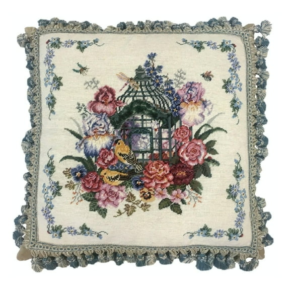 Handmade Wool Needlepoint Pillow Cover - Decorative Throw Cushion Cover - Vintage Floral Embroidery Design - Pillowcase for Sofa, Bed, or Chair - Rustic Home Decor