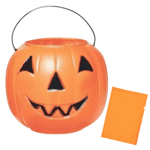 Halloween Orange Pumpkin Jack O' Lantern Candy Bucket, 7.5in Portable Children Pail Trick or Treat Buckets Candies Kids Treats Goodies Filler Party Favors Holder with Bonus Halloween Candy Surprise