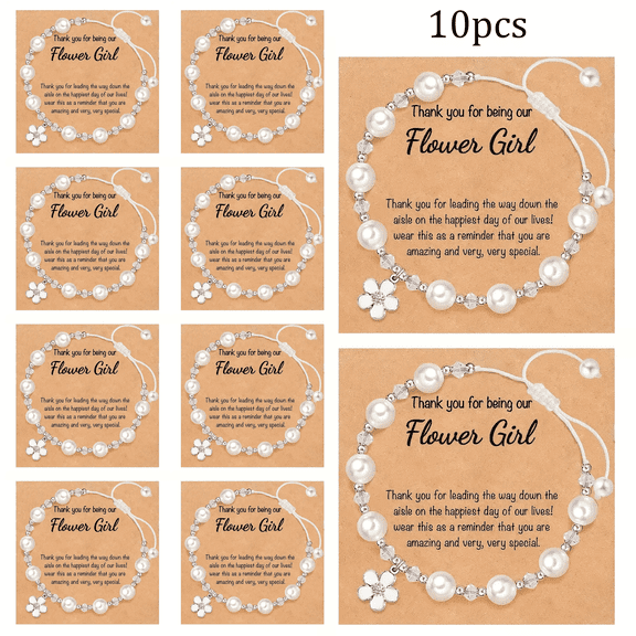 10Pcs Flower Charm Bracelet Gift Set with Message Cards, Adjustable Pearl Bead Bracelets Wedding Party Favor Jewelry for Bridal Party Bridesmaids Celebration Keepsake Gifts