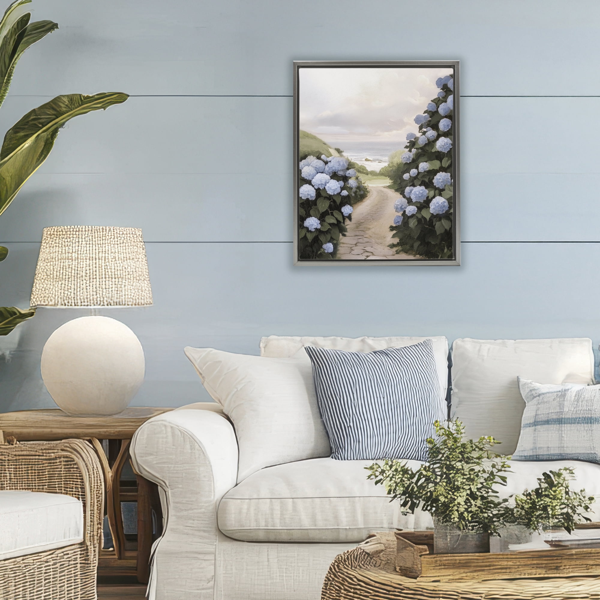 Stupell Industries Coastal Hydrangea Pathway Gray Framed Floater Canvas Wall Art, design by Sisi and Seb