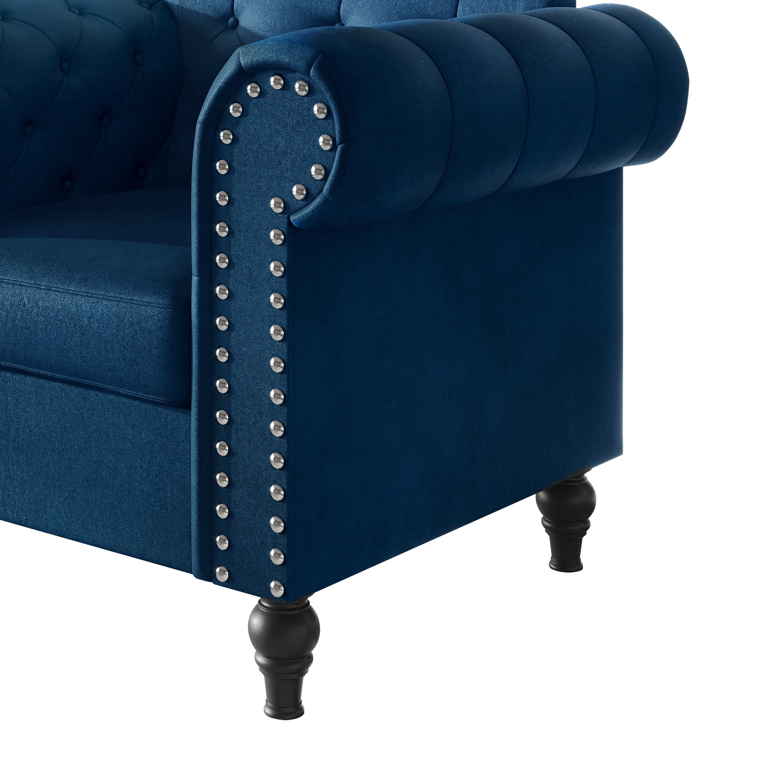 Home Design Kelso Velvet Rolled Arm Chair with Deep Button Tufting, Nailhead Trim and Turned Legs, Blue