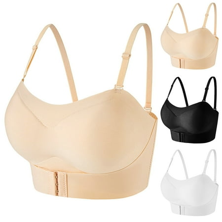 

harmtty Women Bra Gathered Non-slip Elastic Seamless Solid Color Support Breast Detachable Straps Wire Free Invisible Brassiere for Club White