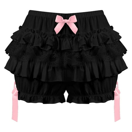 Women Cute Lolita Style Shorts Summer Lace Trim Layered Ruffle Bloomers Elastic Waistband Bowknot Decor Frilly Panties Shorts