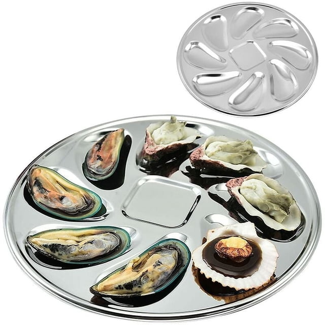 Service d'Huîtres Élégant, Assiette d'Huîtres en Acier Inoxydable, en Forme de Coquille d'Huîtres avec Tasse à Condiments, Servi à Froid pour une Expérience de Repas de Fruits de Mer Frais, Poêle à Huîtres en Métal Réutilisable, 2 Pcs