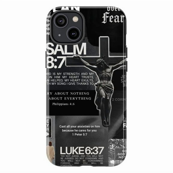 Bible Verse Collage Phone Case Psalm 28:7 Luke 6:37 Christian Cross iPhone Cover, Faith Over Fear Religious Aesthetic Case for iPhone 17 16 15 14 13 12 11 Pro Max Mini