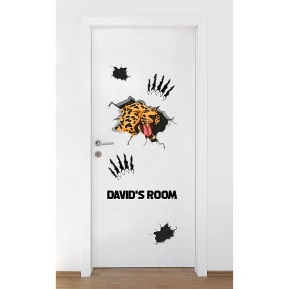 Personalized Name Animal Wall Decal Powerful Leopard Breaking Through the Wall Bedroom Wall Decal for Boys Leopard Cute Themed Room Décor - Size: 22 In x 57 In