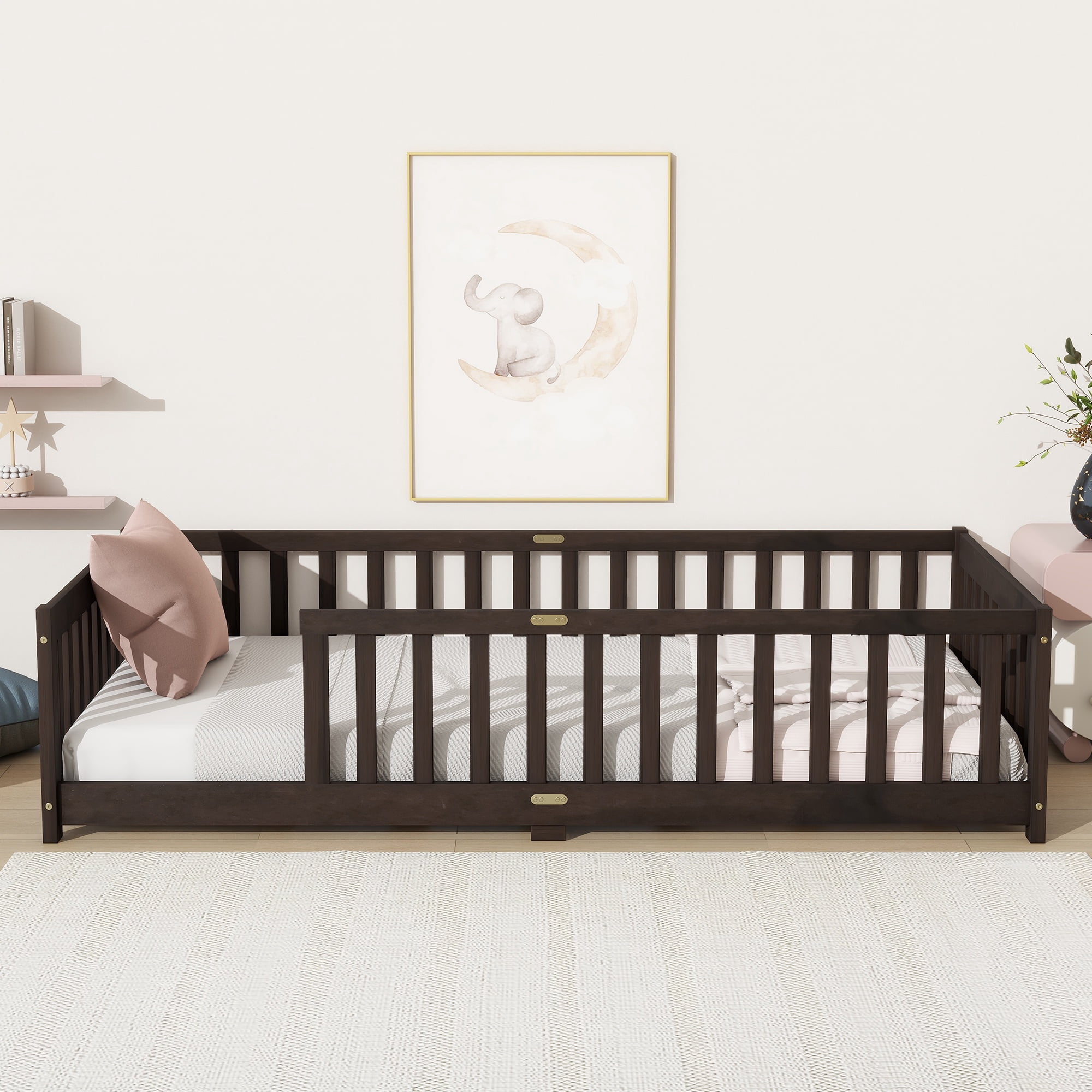 Twin Size Floor Bed with Fence, UHOMEPRO Montessori Floor Bed with Slats and Safety Guardrails, Solid Wood Twin Bed Frame for Bedroom, Espresso