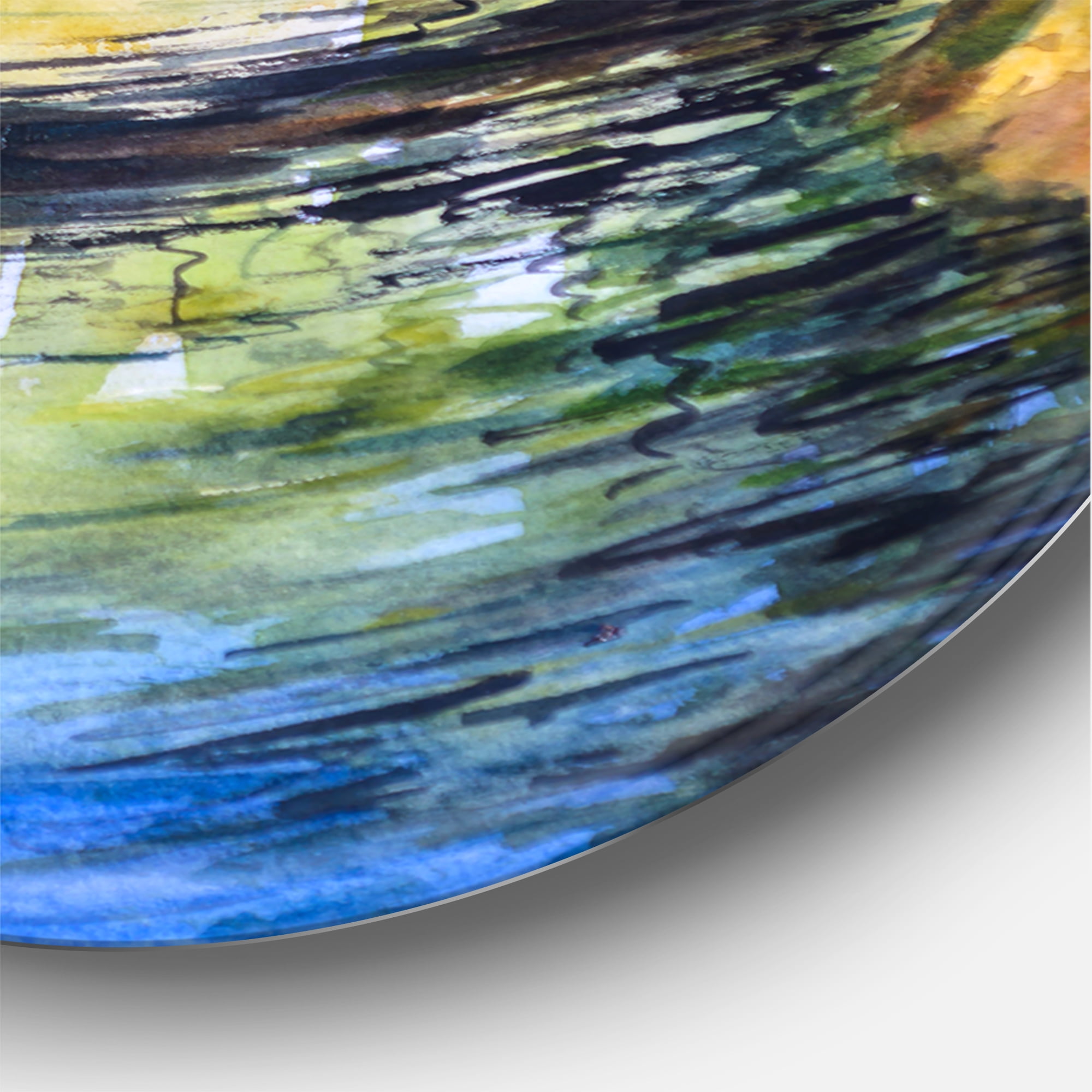 Designart 'Forest Park With Bridge Over Troubled Water' Lake House Circle Metal Wall Art 11x11 - Disc of 11