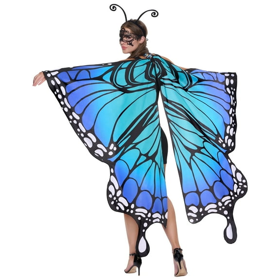 JOYIN Halloween Butterfly Wing Costume for Women, Butterfly Wing Cape Shawl with Lace Mask and Black Velvet Antenna Headband for Adult Halloween Party Dress up