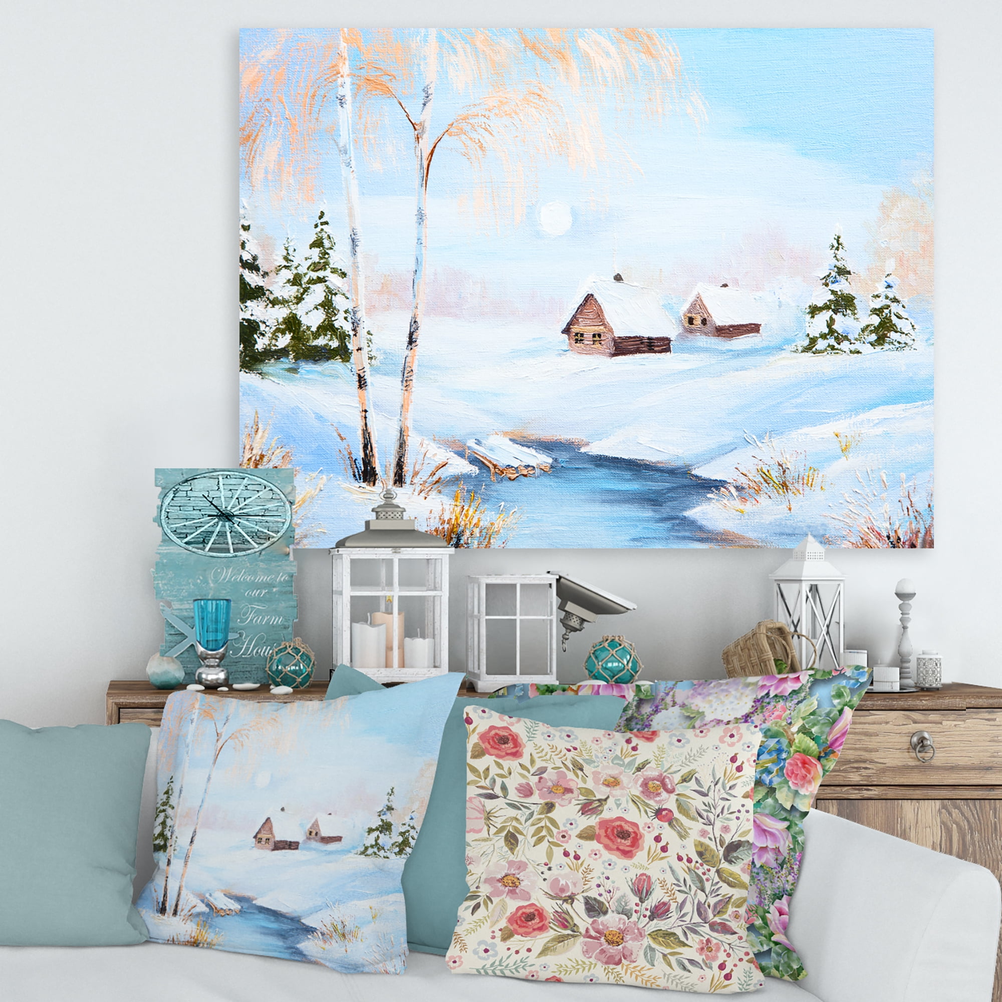 Designart ' Frozen River In The Forest Winter Landscape ' Lake House Canvas Wall Art Print