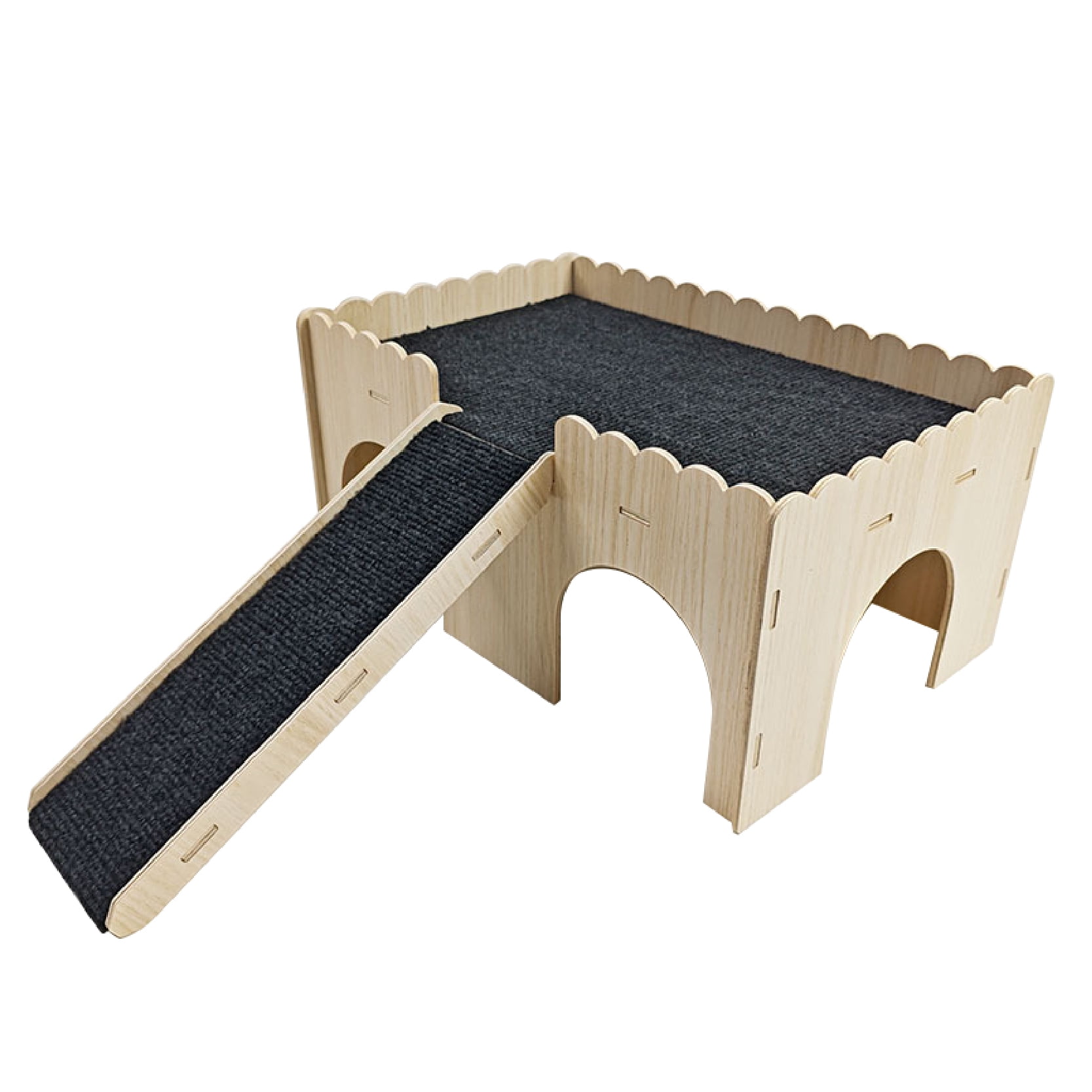 Large Wooden Guinea Pig House, Hideout Hut with Cave Stairs and Carpet, Detachable Castle with Ramp, Small Animal House Habitat with 4 Entrances for Rat, Hamster, Hedgehog Hiding and Playing