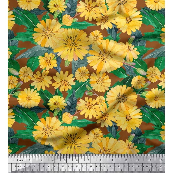 Soimoi Brown Cotton Duck Fabric Leaves & Aster Floral Print Fabric by the Yard 42 Inch Wide