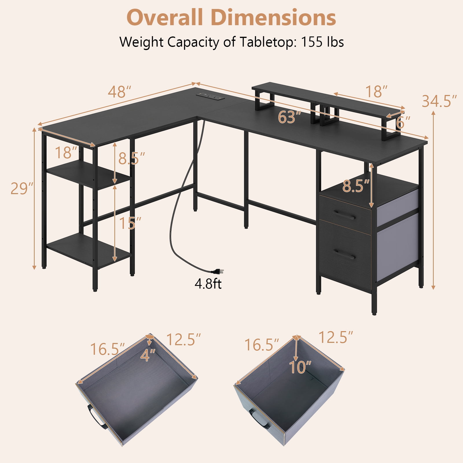 Costway L Shaped Desk with Power Outlet, Reversible Computer Desk with Monitor Stands Gray + Black