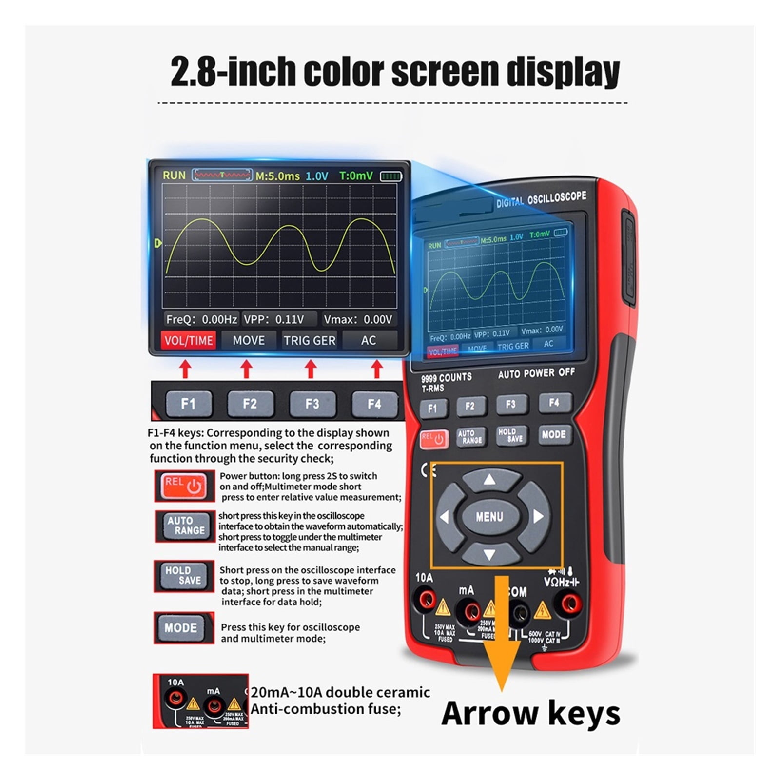 2 In 1 Digital Oscilloscope Multimeter 48MSa/s Sampling Rate 10Mhz Bandwidth 9999 Counts 2.8inch Multimetro ,Professional Designed