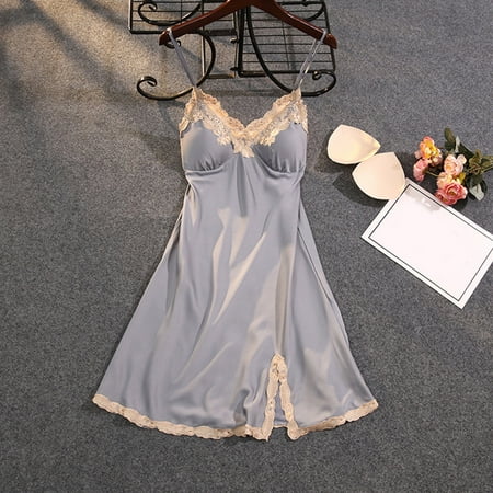 

Mishuowoti Womens Nightdress Thin Suspender Ice Silk Pajamas Lace Lace Slit Chest Pad Homewear