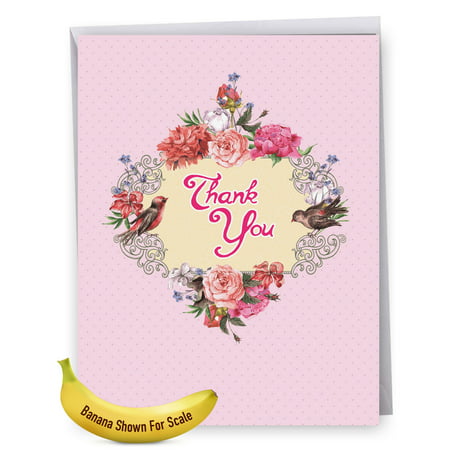 J6577GTYG Extra Large Thank You Greeting Card: 'Thank You: Birds and Blossoms' Featuring a Beautiful Arrangement of Peonies and the Flower's Fine Feathered Friends, Greeting Card with Envelope by