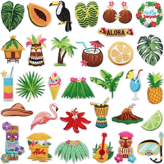 32 PCS Hawaiian Styles Embroidery Applique, Iron On Patches, Cute Decor Patches for Clothing, Jackets, Jeans, Hats DIY Crafts