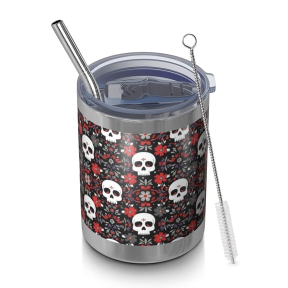 12oz Tumblers Black Floral Skull Pattern Vacuum Insulated Stainless Steel Travel Tumbler Cups Mug with Lid and Straw for Beer,Coffee,Beverages with Cleaning Brush for Cold & Hot Drinks