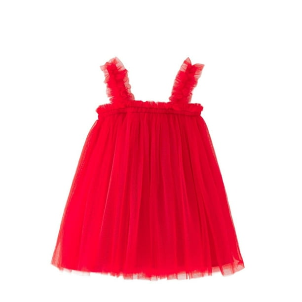 Vestido sin mangas de cuello redondo para niña, vestido navideño de color liso sin tirantes, vestido de princesa de malla abullonada, vestido de tirantes para niña, vestido festivo, vestido sin mangas