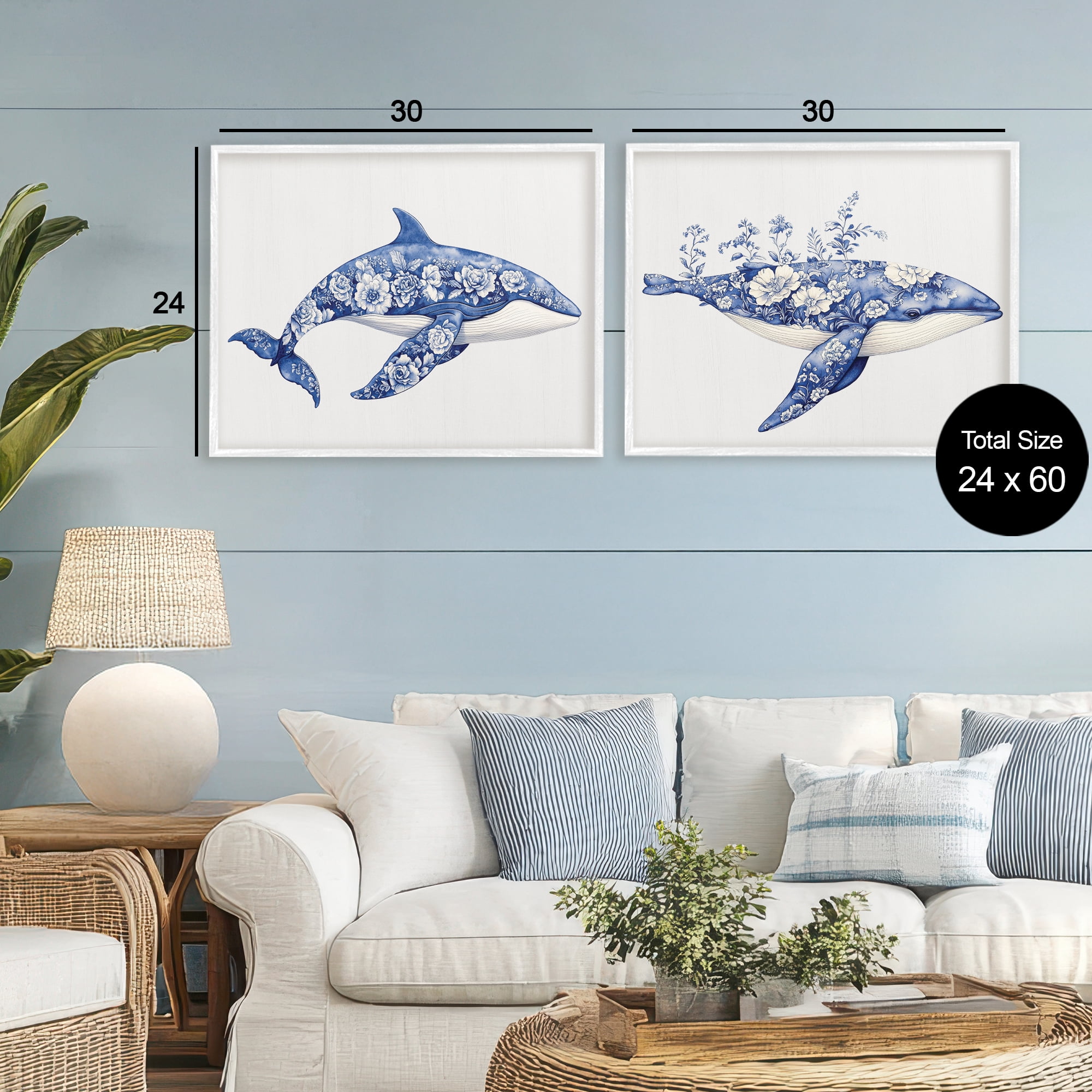 Blooming Toile Pattern Whales 2 Piece White Framed Giclee Art Set, design by Lettered and Lined