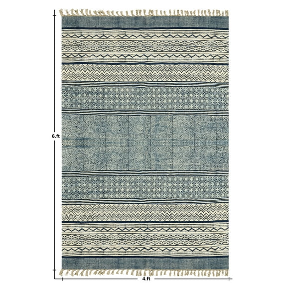 Casavani Handmade Blue Block Printed Cotton Indoor Outdoor Patio Rug Living Room Carpets 2x3 feet
