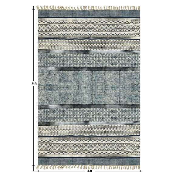 Casavani Handmade Blue Block Printed Cotton Indoor Outdoor Patio Rug Living Room Carpets 12x18 feet