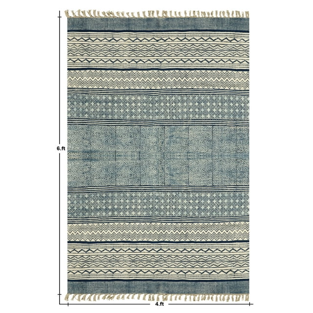Casavani Handmade Blue Block Printed Cotton Outdoor Patio Rug Square Living Room Carpets 4x4 feet