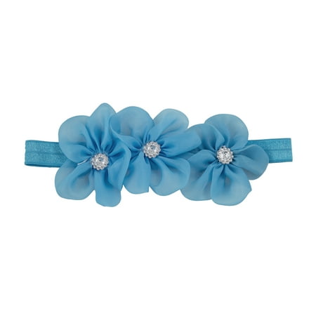 - Handmade Baby Girls Rhinestone Organza Flowers Trio Elastic Headband (2 Pack, Blue)