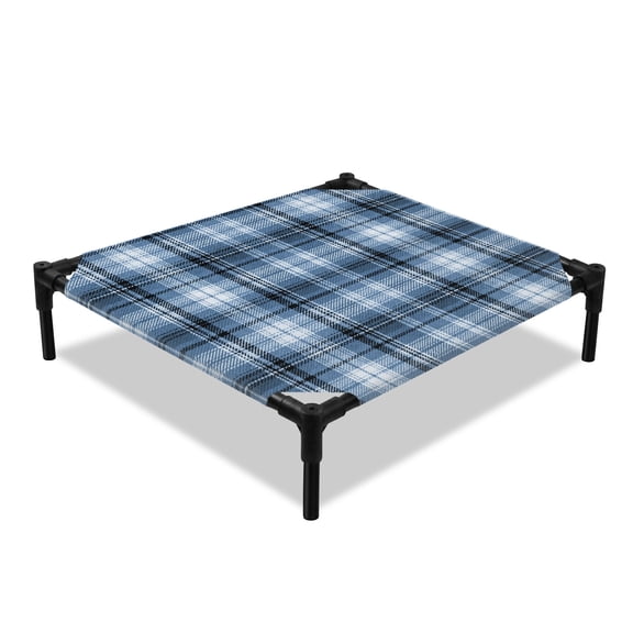 Blue Plaid Elevated Dog Bed, Rustic Farmhouse Cooling Breathable Outdoor Raised Dog Cot Bed with Metal Frame Non-Slip Feet for Small Dog 20x20in